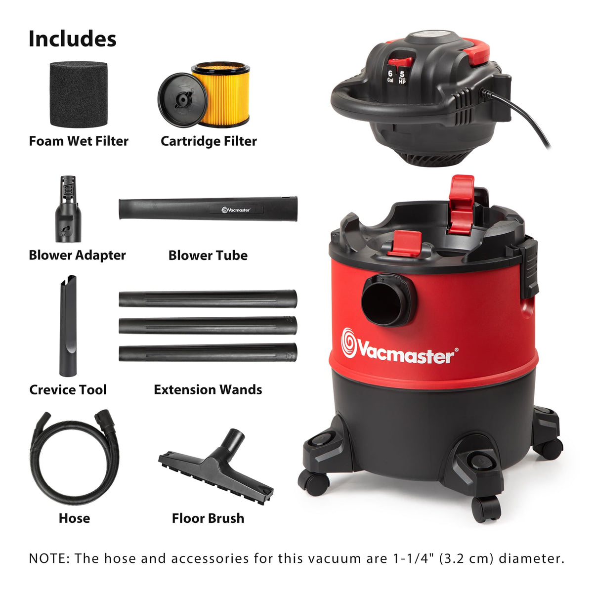 Vacmaster VBVB611PF 6 Gal Wet/Dry Vac with Detachable Blower