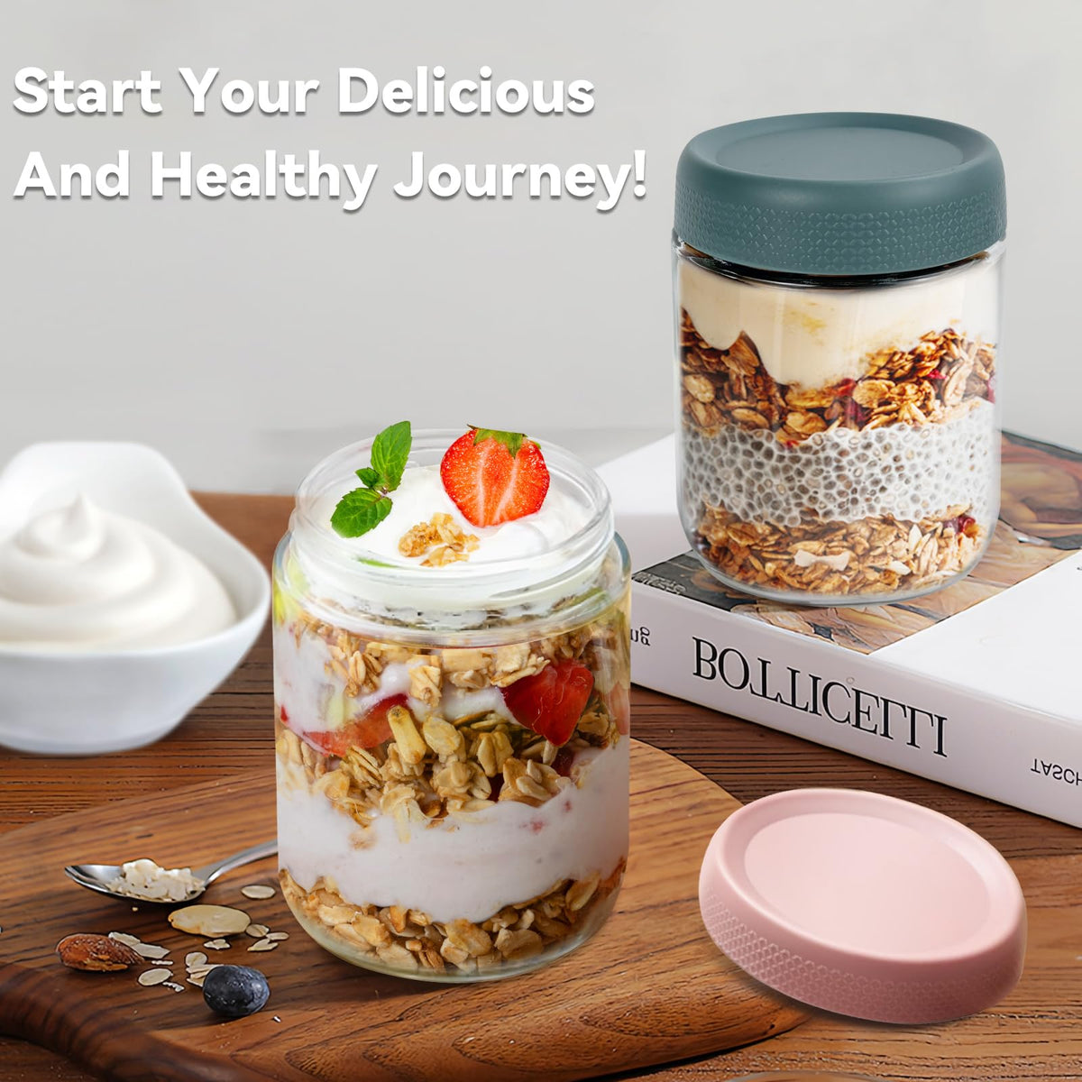 Overnight Oats Glass Jars with Lids and Spoons, 16 Oz, 6 Pack