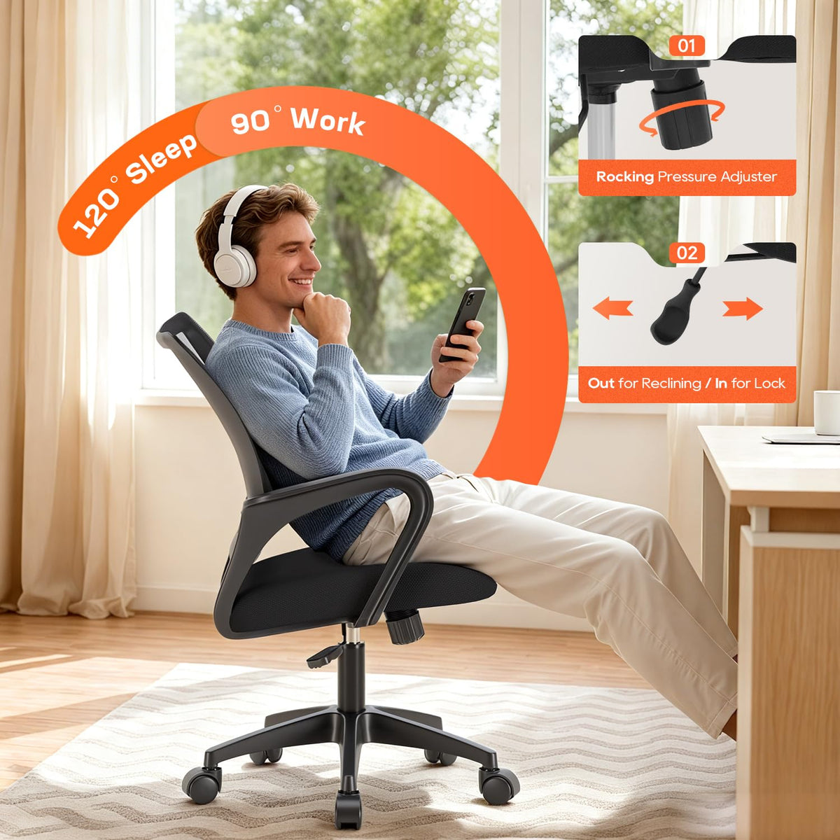 BestOffice Ergonomic Mid-Back Swivel Desk Chair, Black