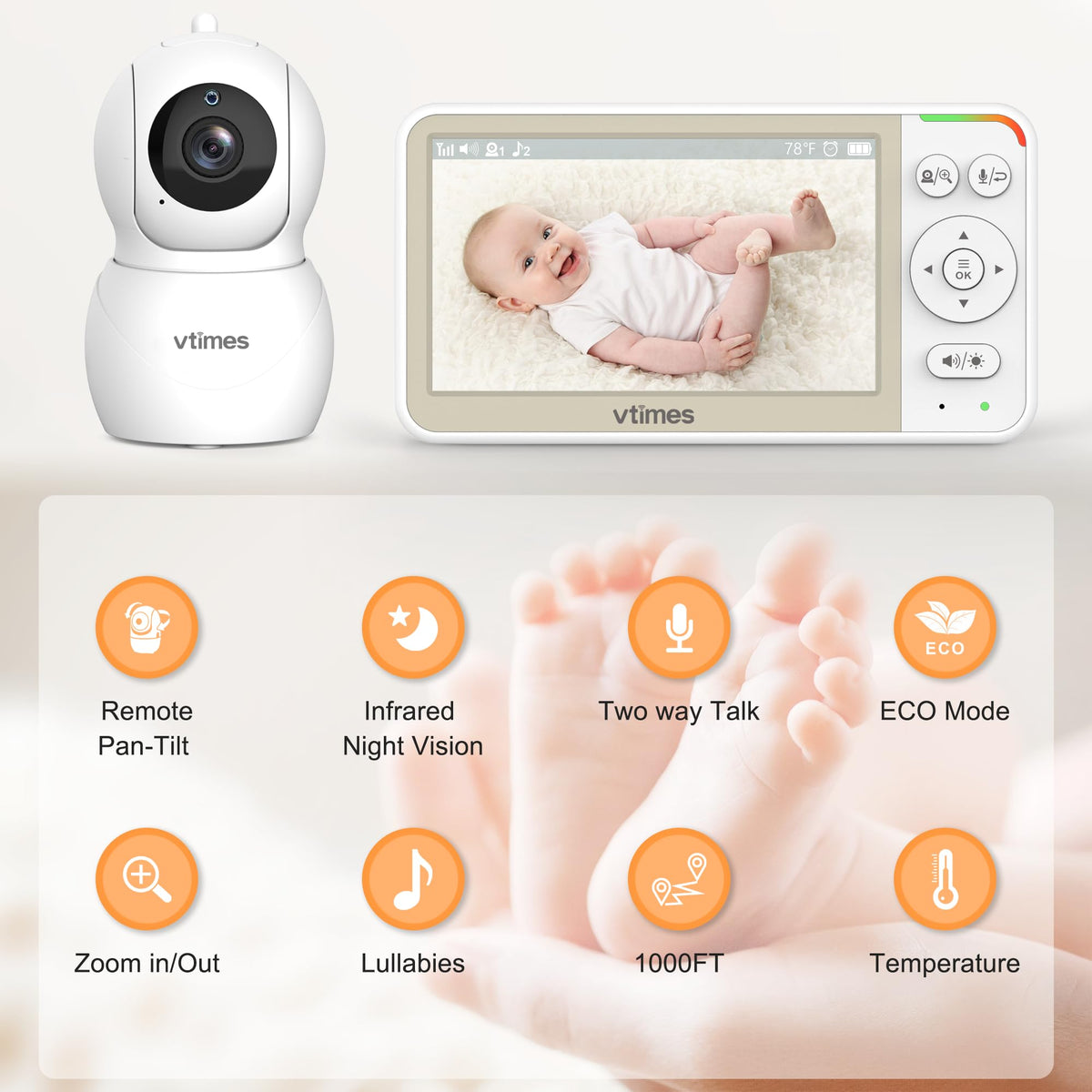 VTimes 5" Video Baby Monitor with Pan-Tilt-Zoom Camera, No WiFi