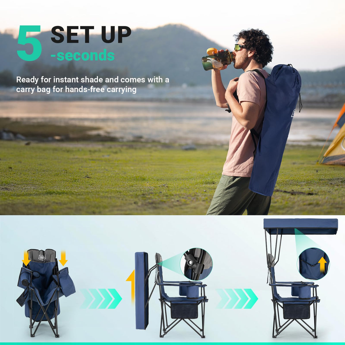 Overmont Folding Beach Chair with Canopy and Cooler, Blue, 2pcs
