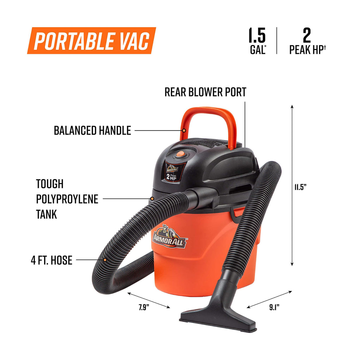 Armor All 1.5 Gallon 2 Peak HP Vac-Mate Wet/Dry Vacuum, AA155, Orange