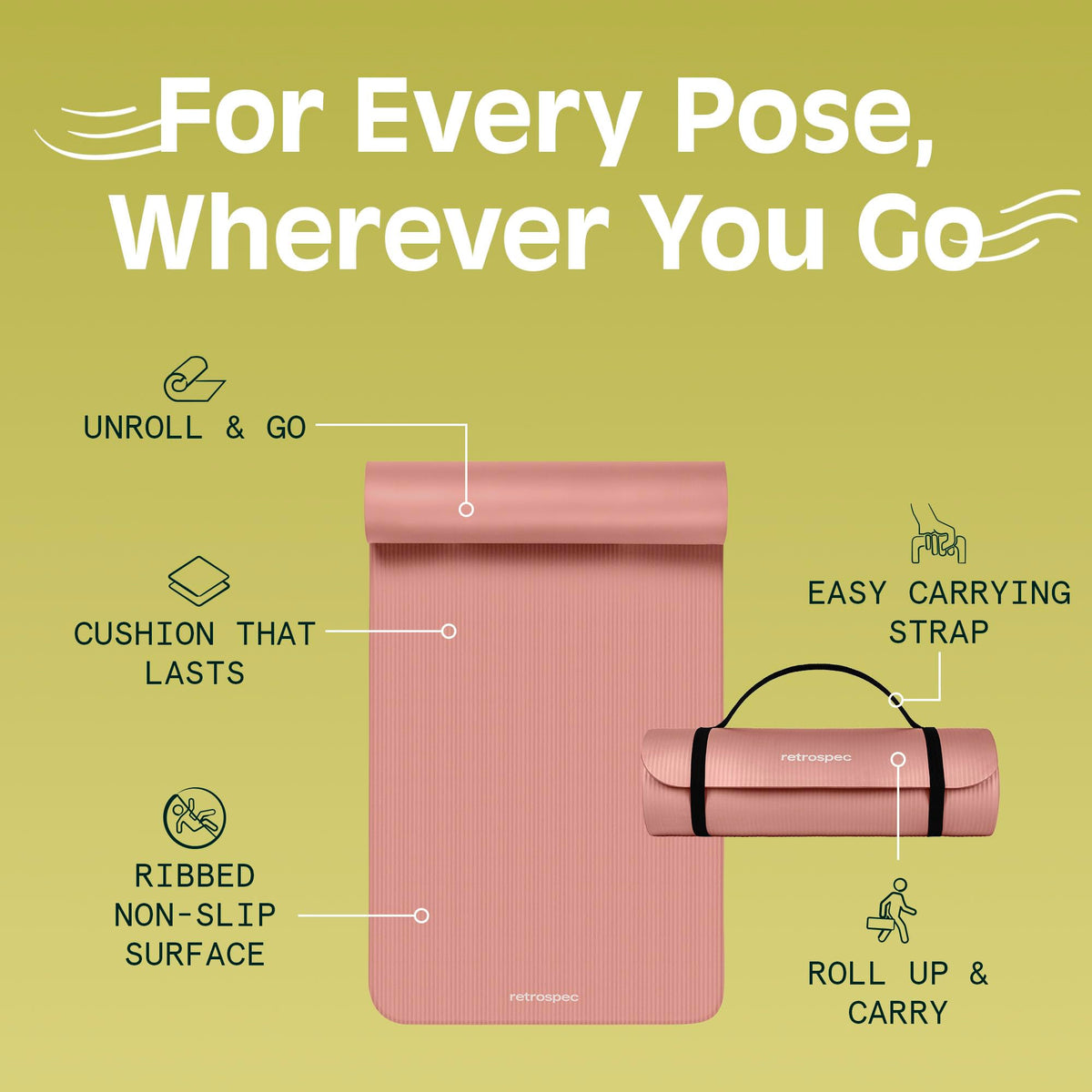 Retrospec Solana Yoga Mat, 1/2 Inch Thick, Rose