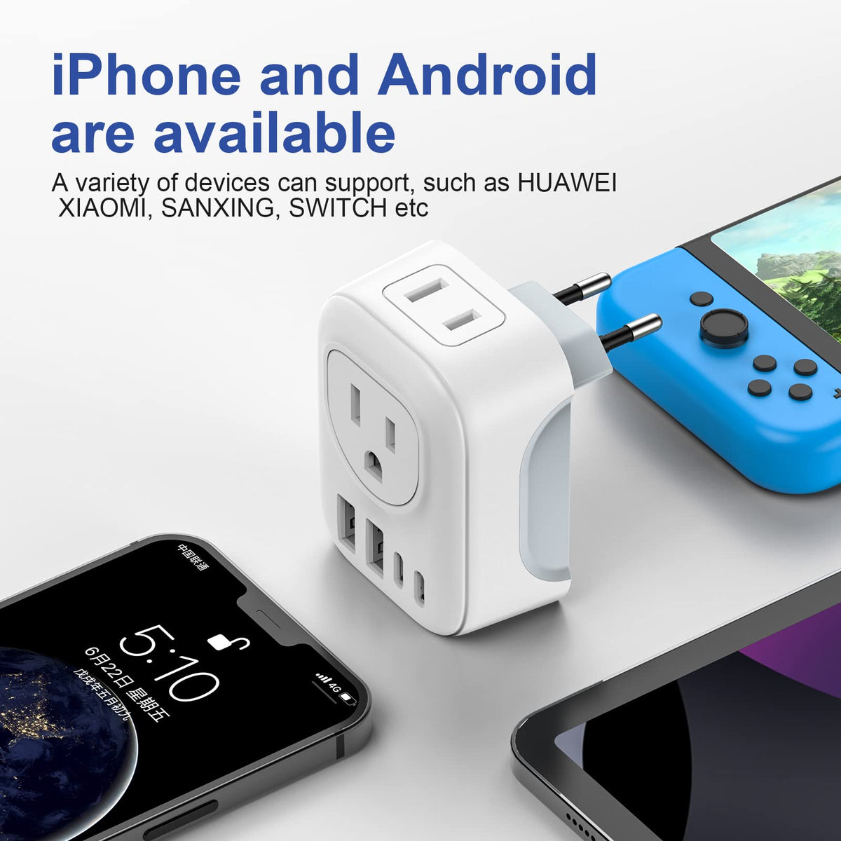 Vylee International Travel Plug Adapter, 4 AC Outlets, 2 USB-C Ports