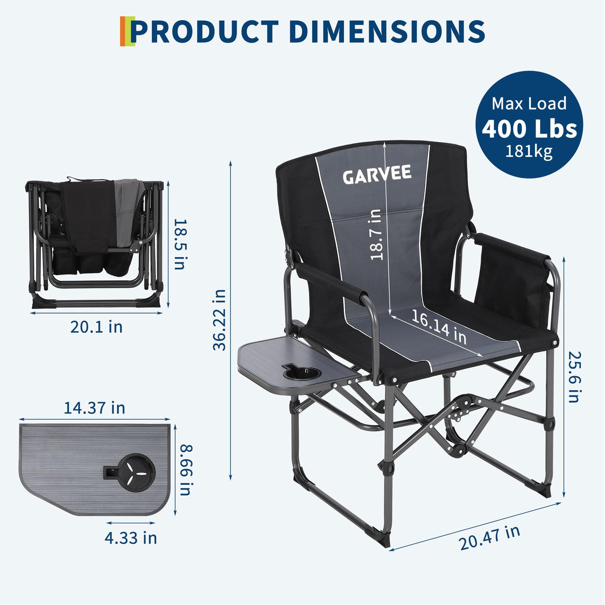 GarveeLife Oversized Camping Chair with Side Table, Black