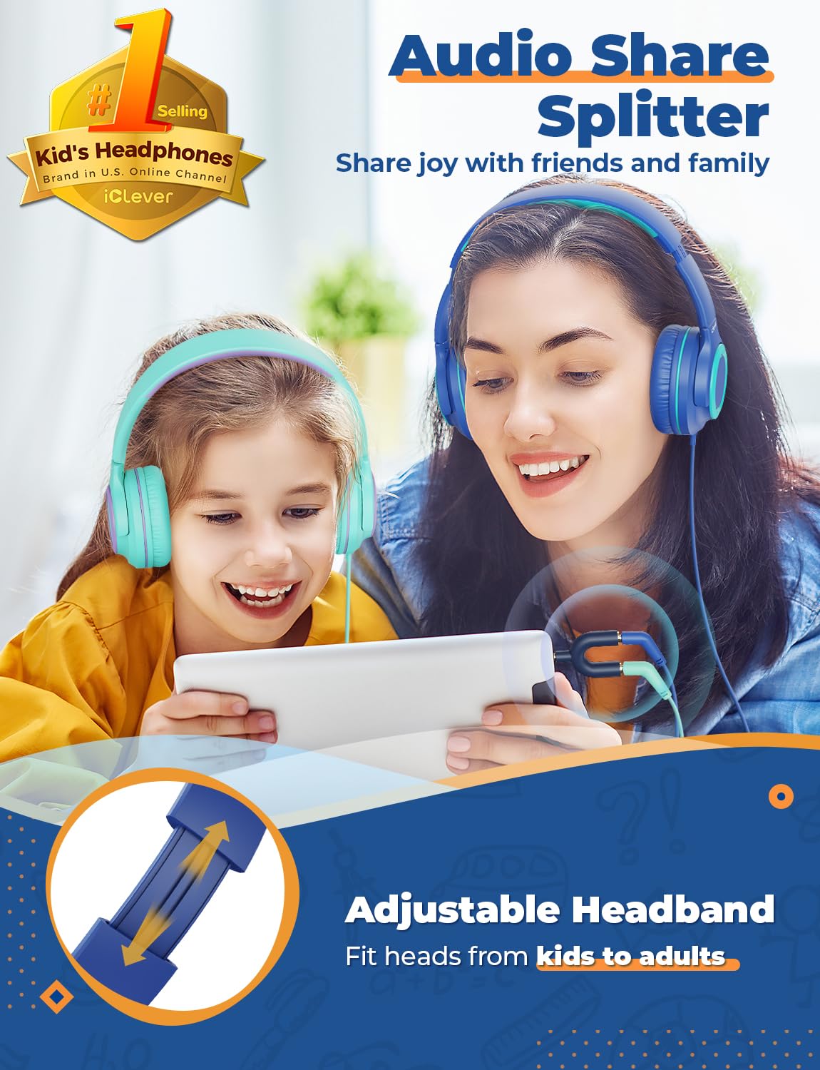 iClever HS22 Kids Wired Headphones with Sharing Splitter, 2 Pack