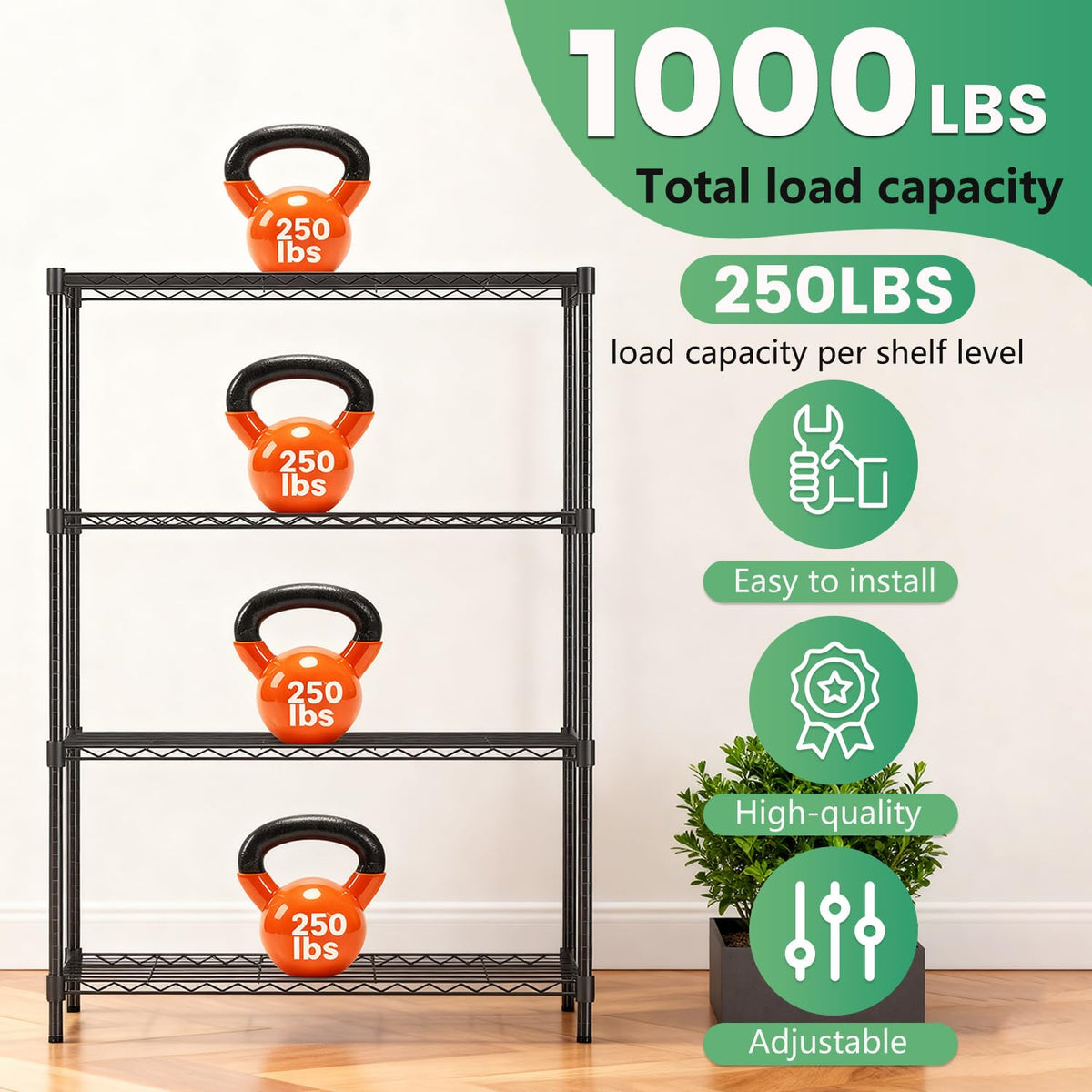 FDW Wire Storage Shelving Unit, Black, 36" x 14" x 54"