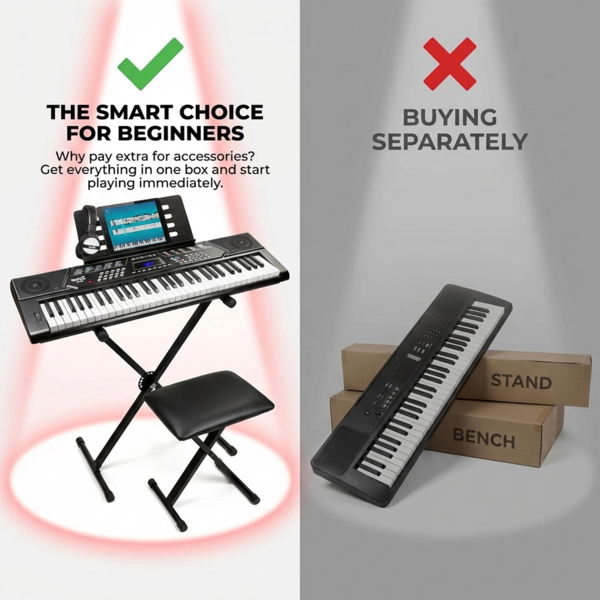 RockJam 61 Key Keyboard Piano Kit with Stand, Bench, Headphones