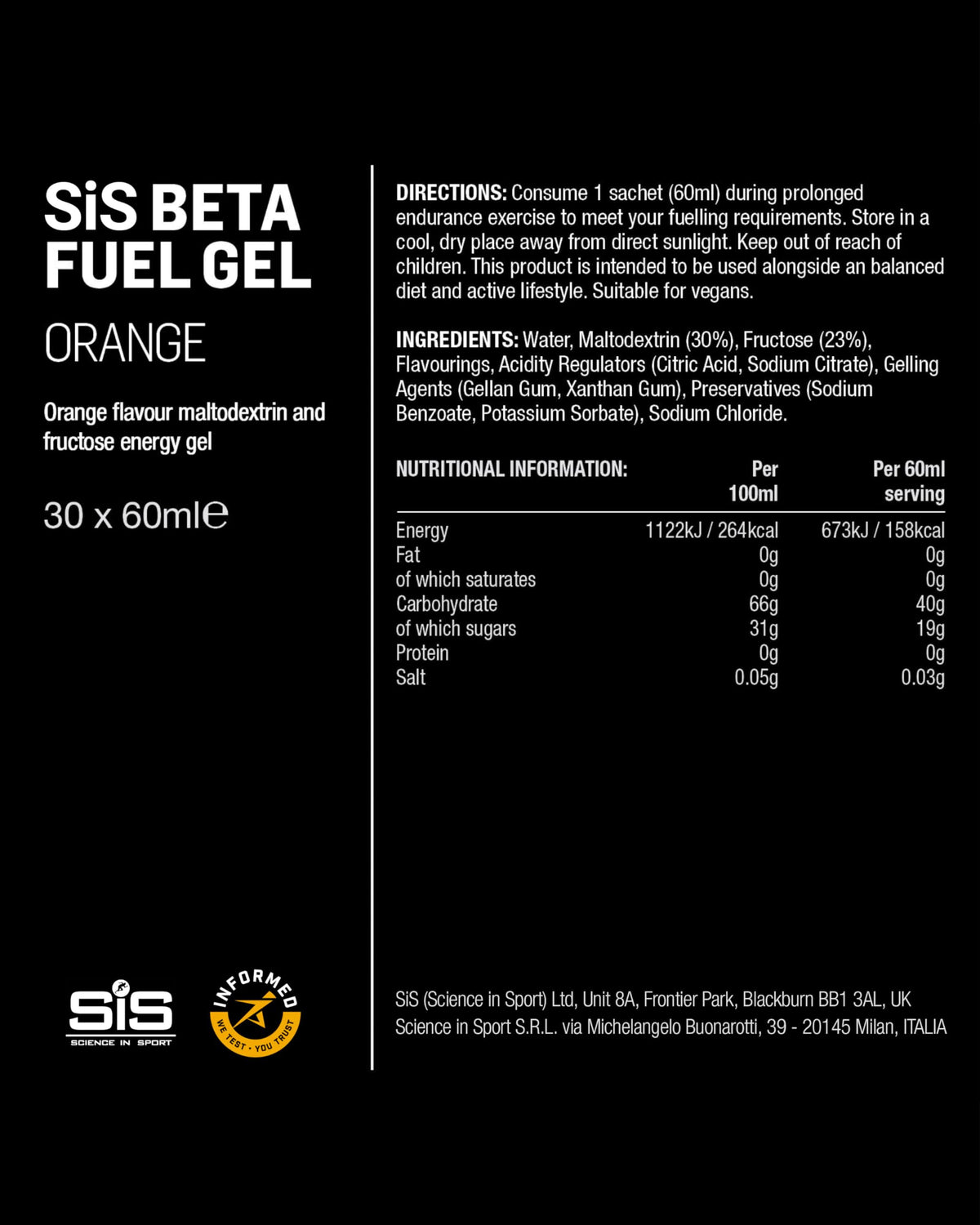 Science in Sport Beta Fuel Gel, Orange, 60 mL