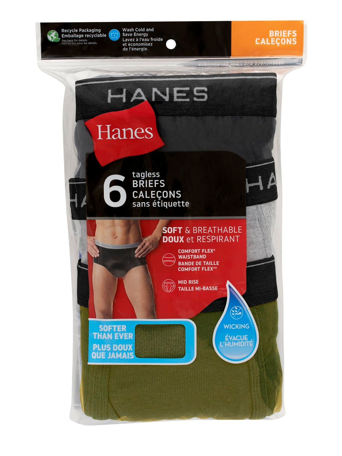 Hanes Men's Exposed Waistband Mid-Rise Briefs, 6 Pack, White/Black, S
