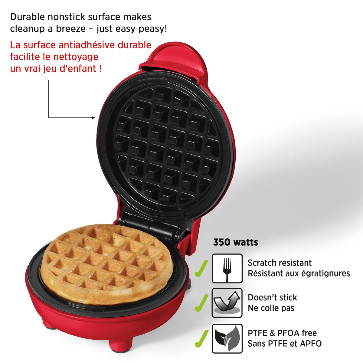 Starfrit Electric Mini Waffle Maker, 4 Inch, Red, 350 W