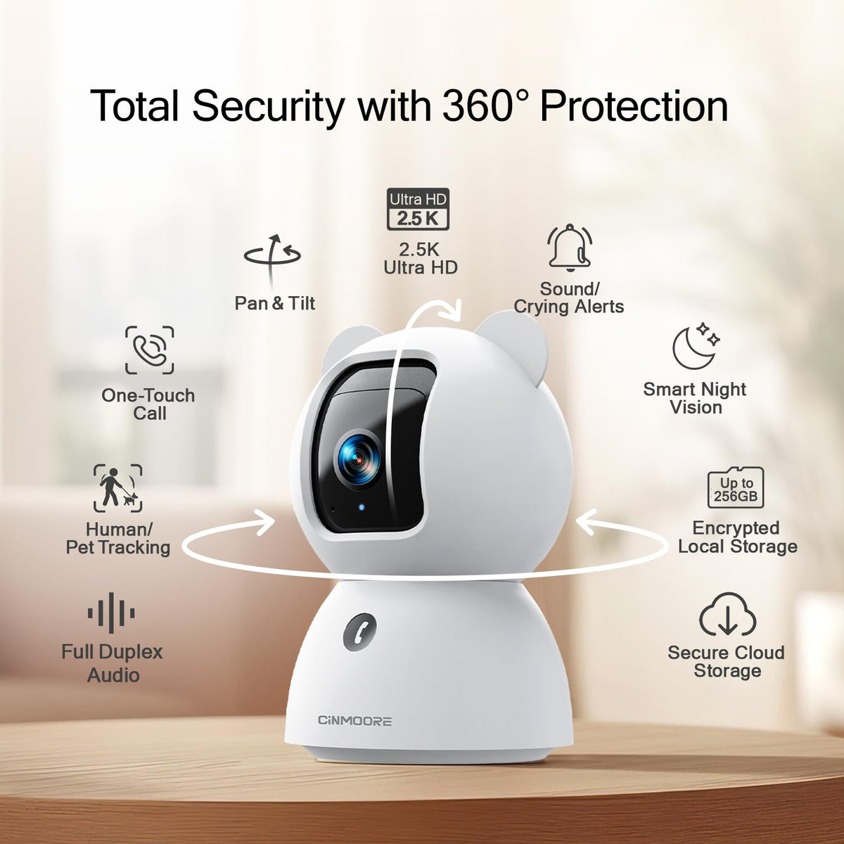 CINMOORE 2.5K Pan-Tilt Indoor WiFi Security Camera