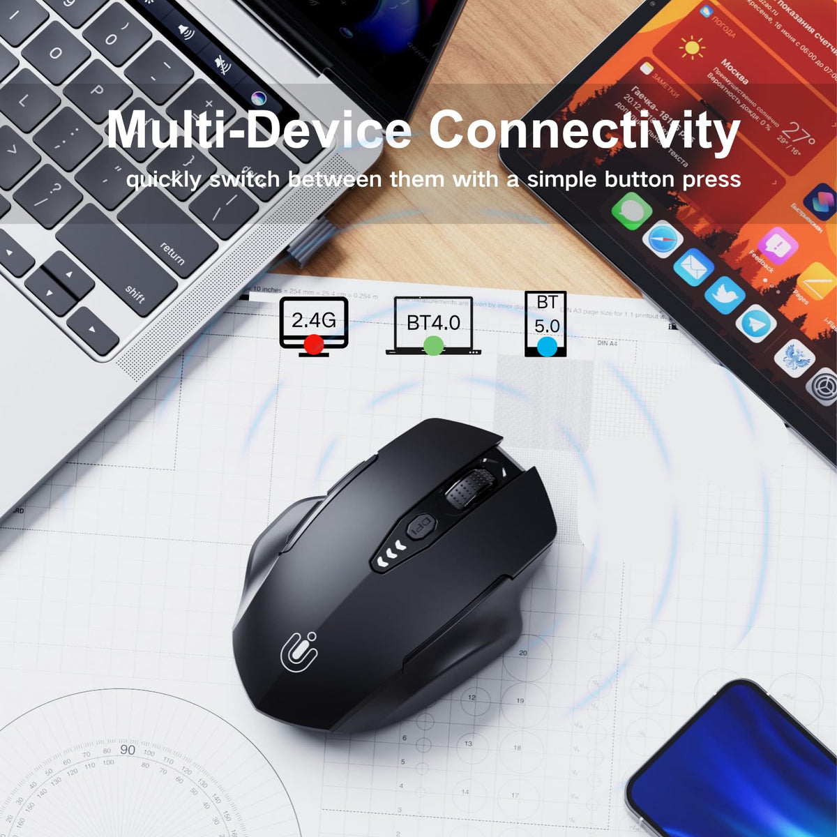 Rechargeable Bluetooth Wireless Mouse, Tri-Mode, Adjustable DPI, Black