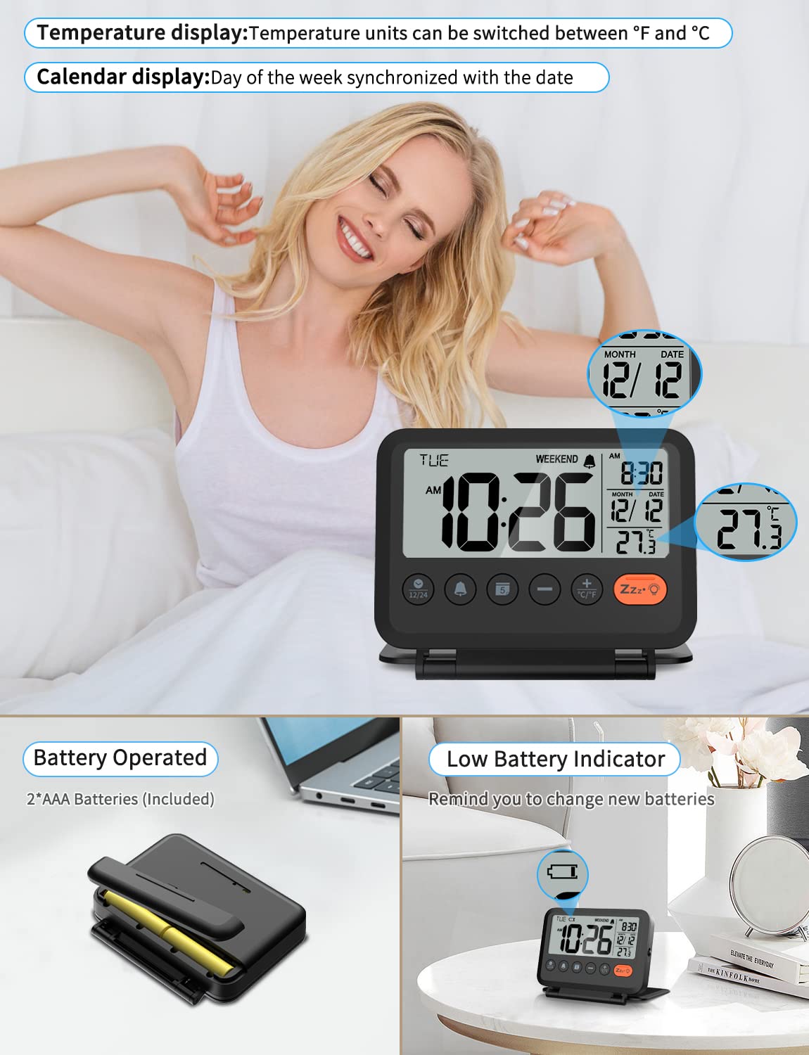MeesMeek Digital Travel Alarm Clock with Date and Temperature, Black