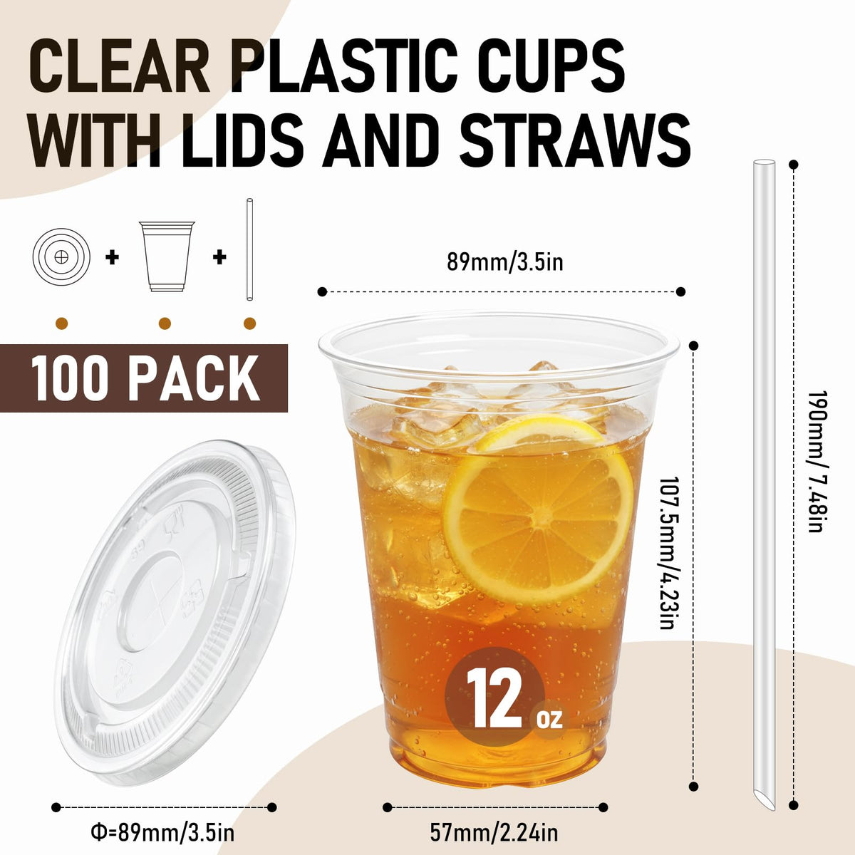 Clear Plastic Cups with Flat Lids and Straws, 12 oz, 100 Pcs