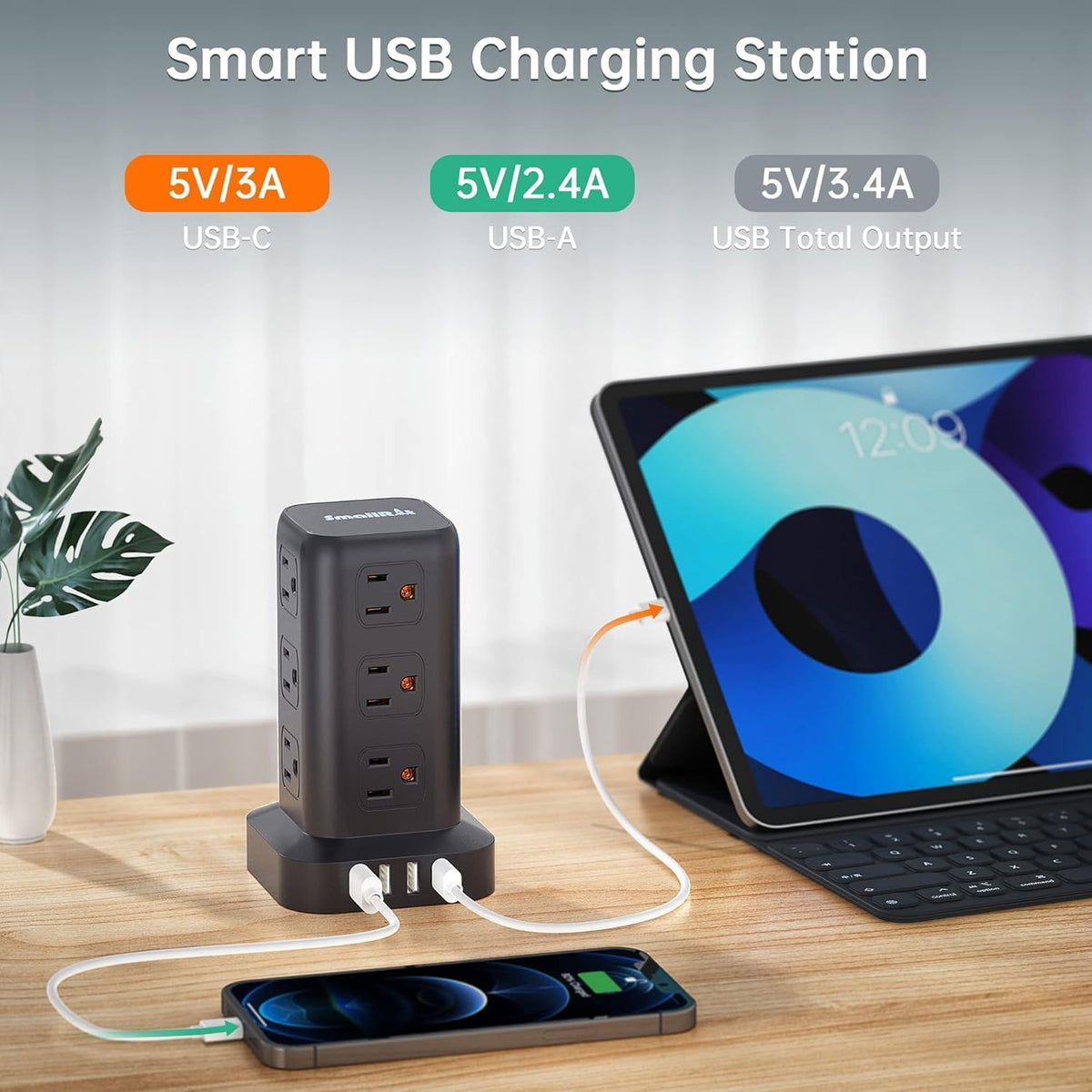 SMALLRT Tower Power Bar with 4 USB, 6.5 ft, Black