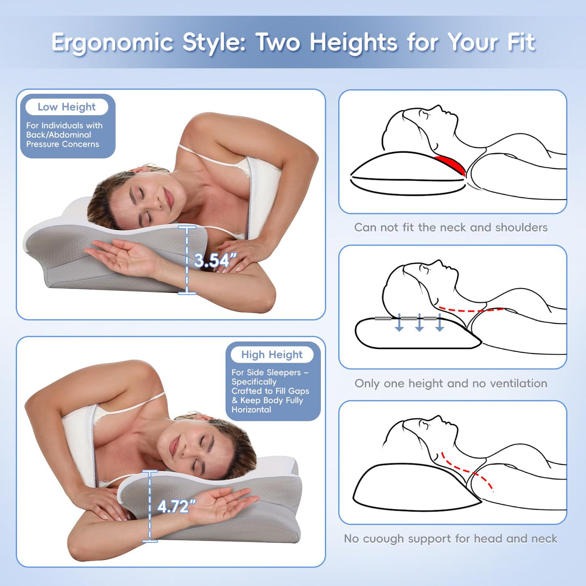 Missleep Contour Memory Foam Cervical Pillow, 2 Heights, White