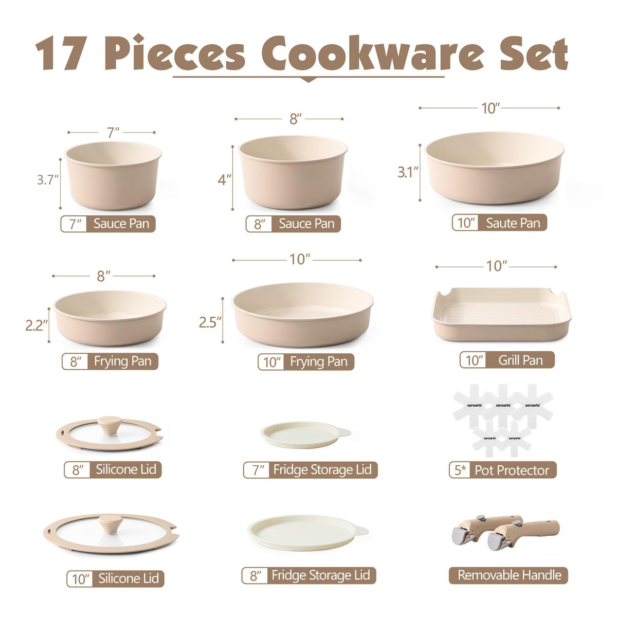 Sensarte 17 Piece Ceramic Cookware Set, Almond Beige