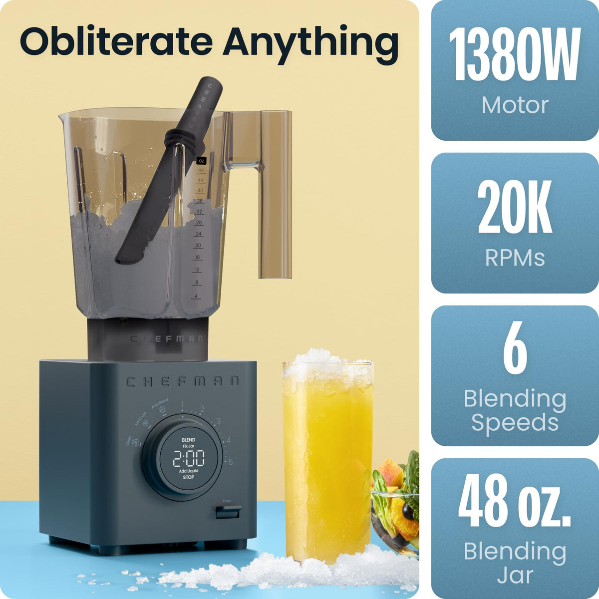 Chefman Obliterator 48 oz Countertop Blender, 1380W, Midnight