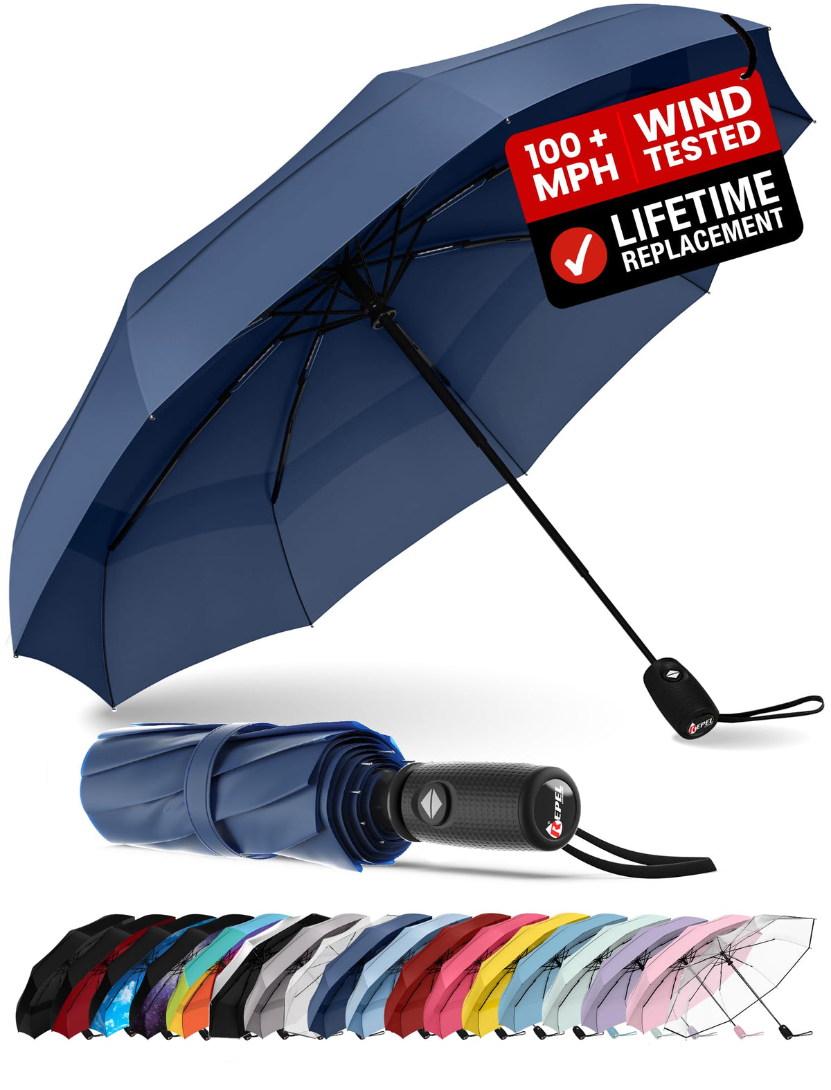 Repel Windproof Compact Travel Umbrella, Navy