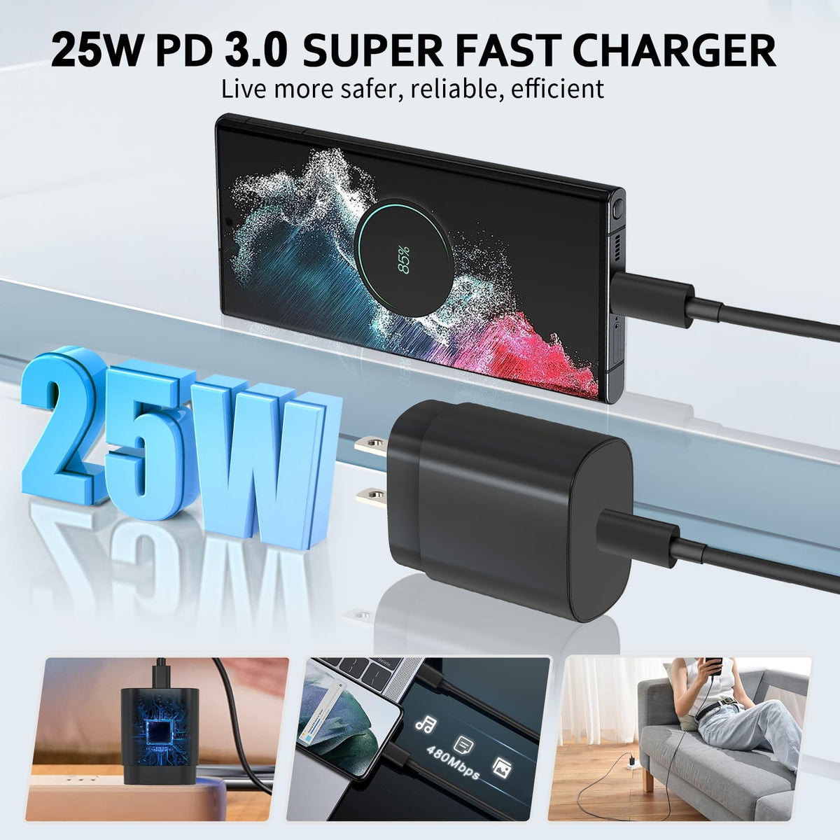 USB-C Fast Charger 25W with 6 ft Cable, 2-Pack