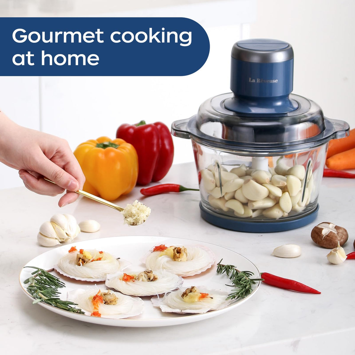 La Reveuse Electric Food Processor, 7-Cup Glass Bowl, 300W, Blue