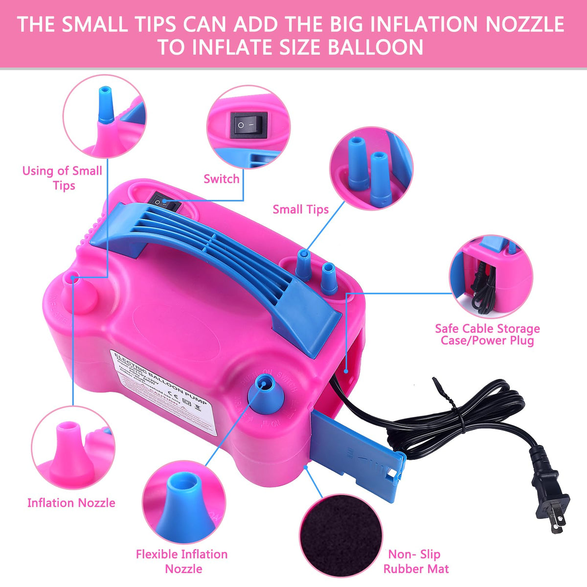 Dual Nozzle Electric Balloon Pump, Rose Red