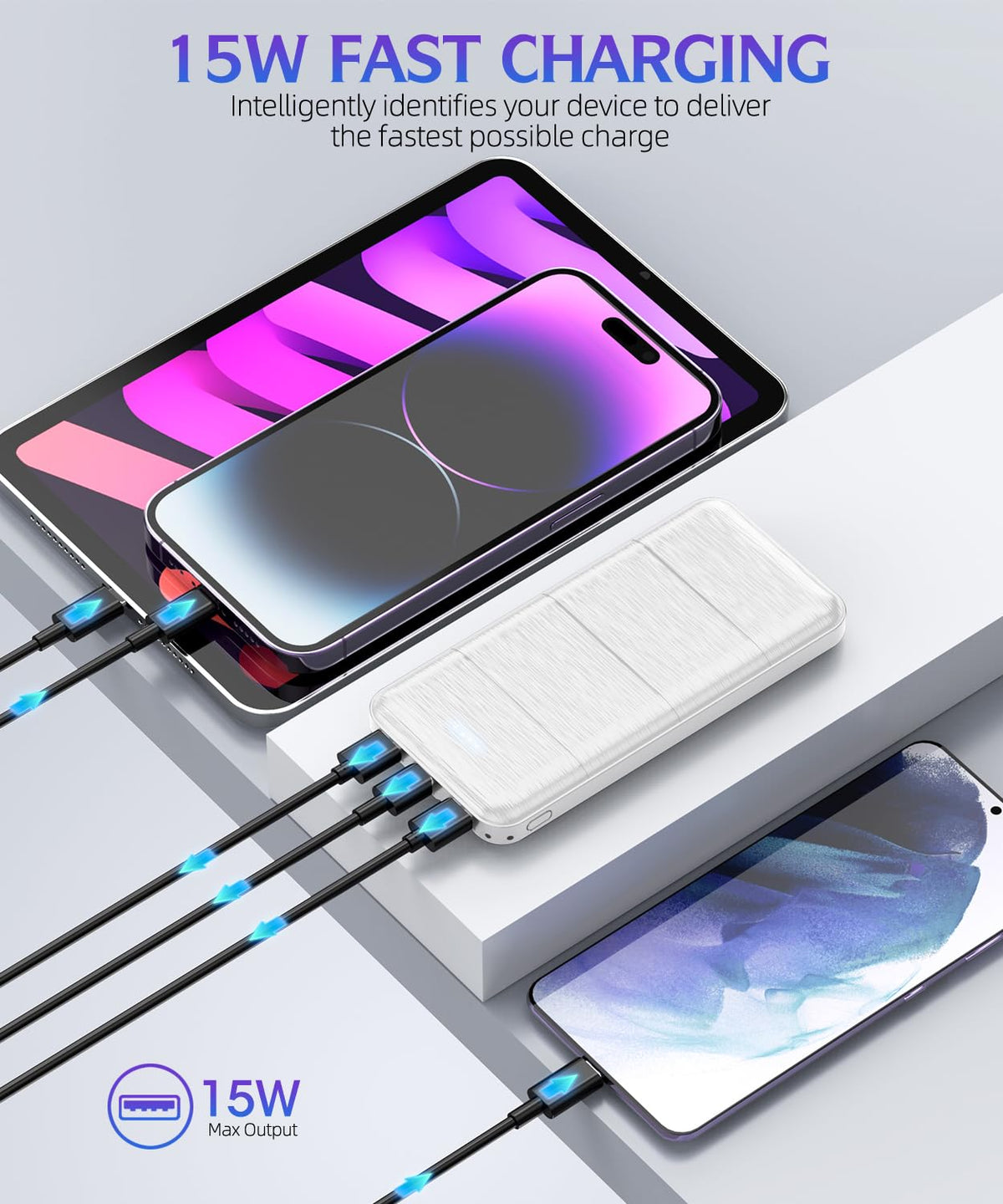 Portable Power Bank, 15000mAh Dual USB, Deep Black and White, 2 Pack
