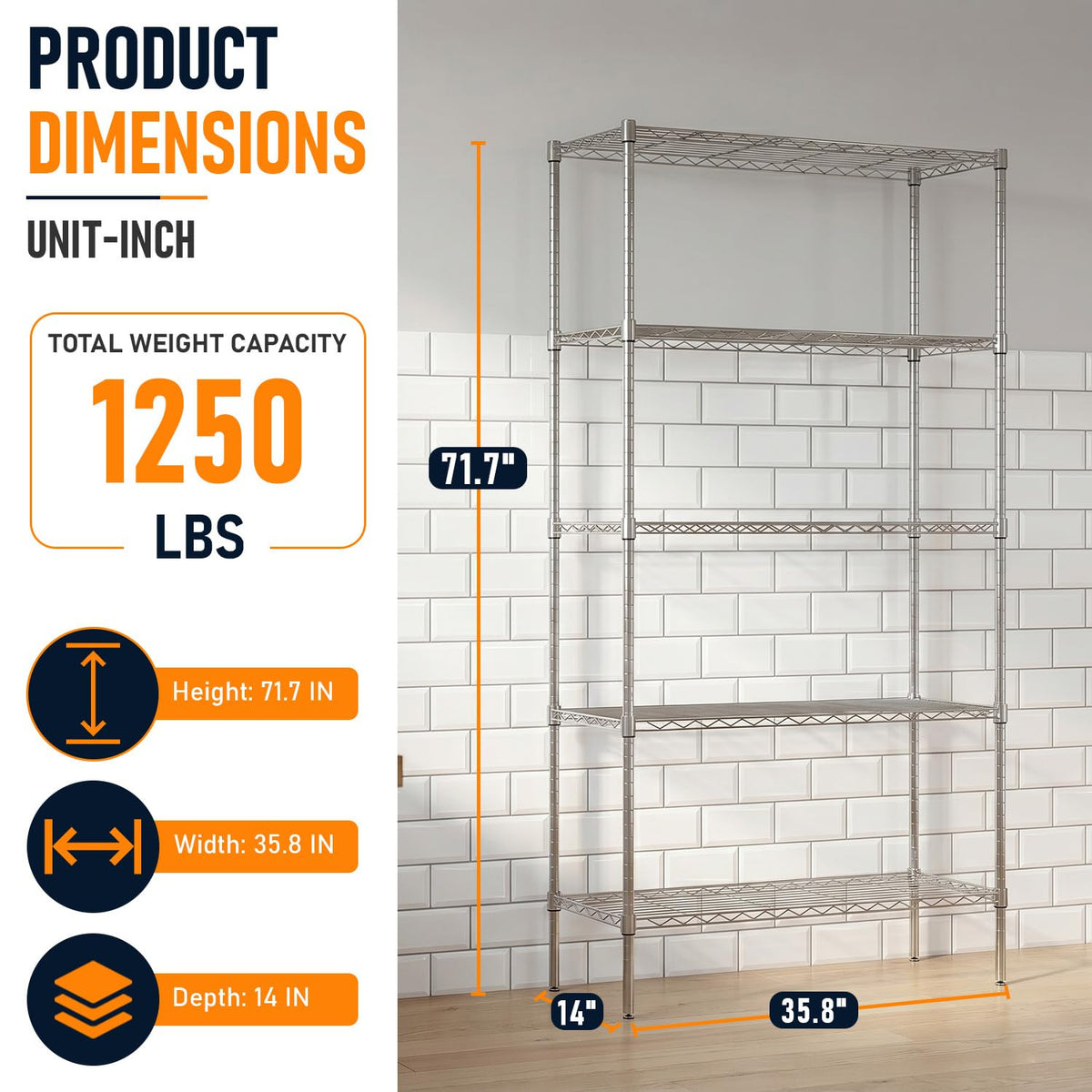 FDW Wire Storage Shelving Unit, Chrome, 36" x 14" x 72"