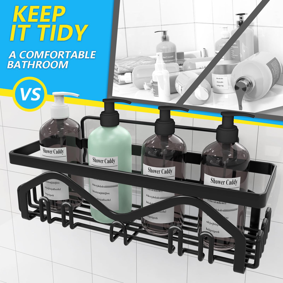 Coraje Adhesive Stainless Steel Shower Caddy Shelves, Black (5 Pack)