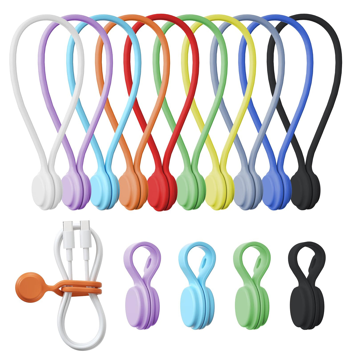 Reusable Silicone Magnetic Cable Ties, 2 Sizes (8 Pack)