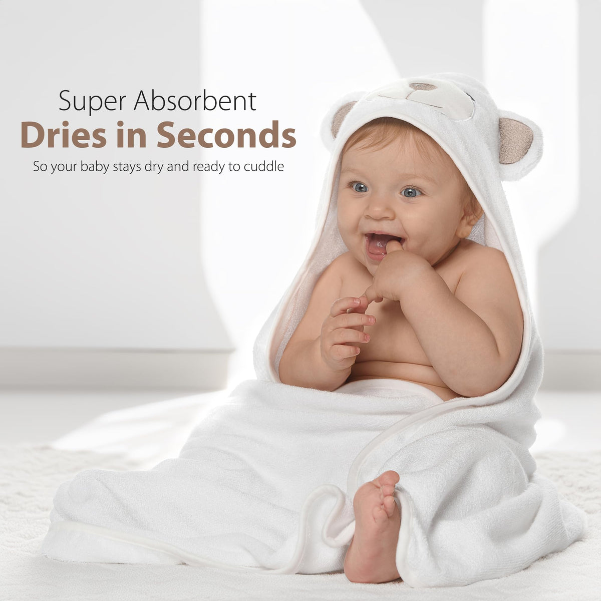 MINIBOO Organic Bamboo Hooded Baby Towel, 90 x 90 cm, White Bear