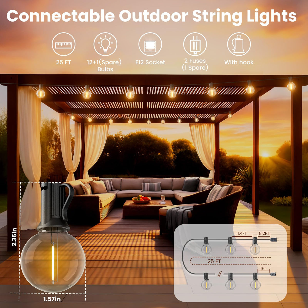 RTTY G40 Shatterproof LED Outdoor String Lights, 25 ft