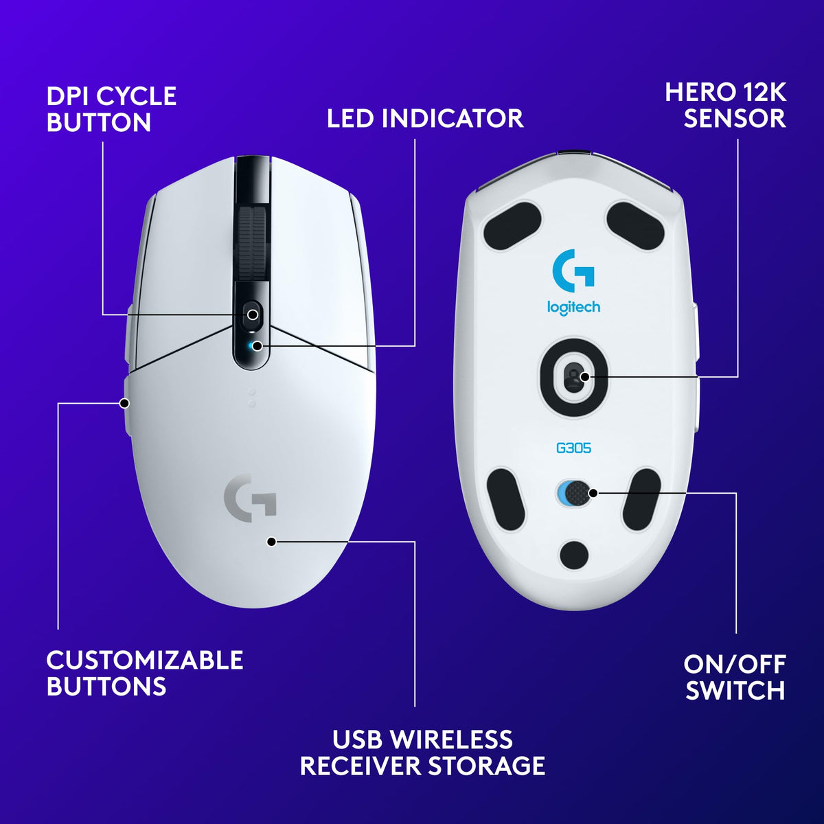 Logitech G305 Lightspeed Wireless Gaming Mouse, 12,000 DPI, White