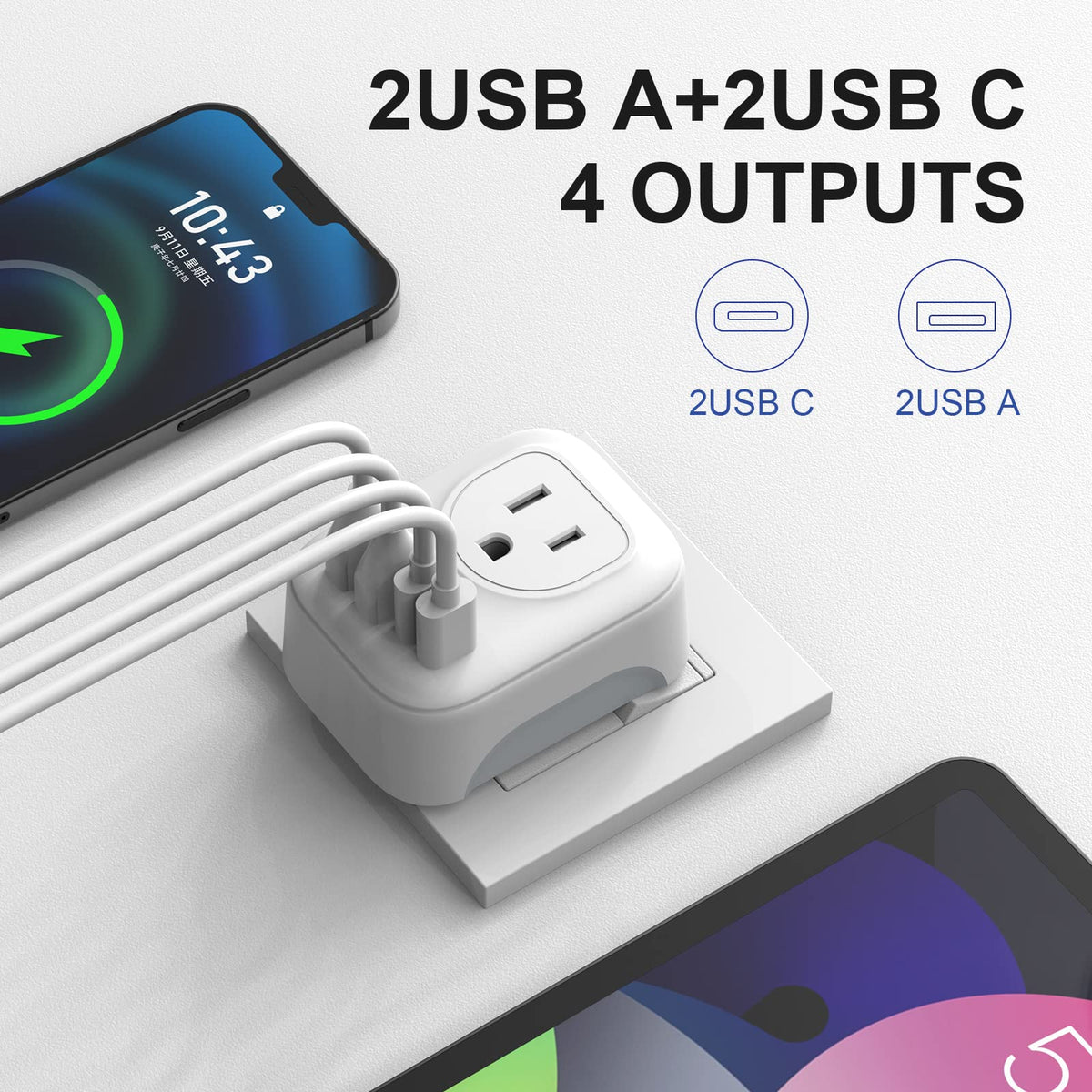Vylee International Travel Plug Adapter, 4 AC Outlets, 2 USB-C Ports