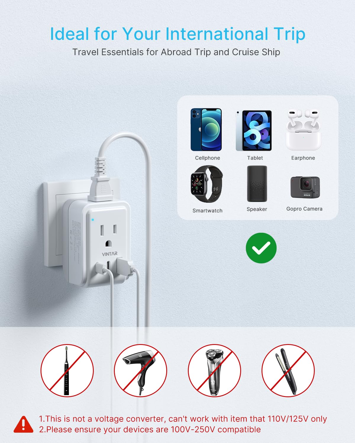 VINTAR European Travel Plug Adapter, Type C, 2-Pack