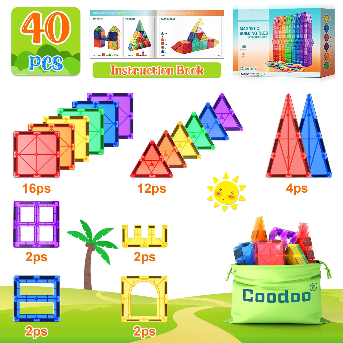 Magnetic Building Tiles for Kids, 40 Pieces