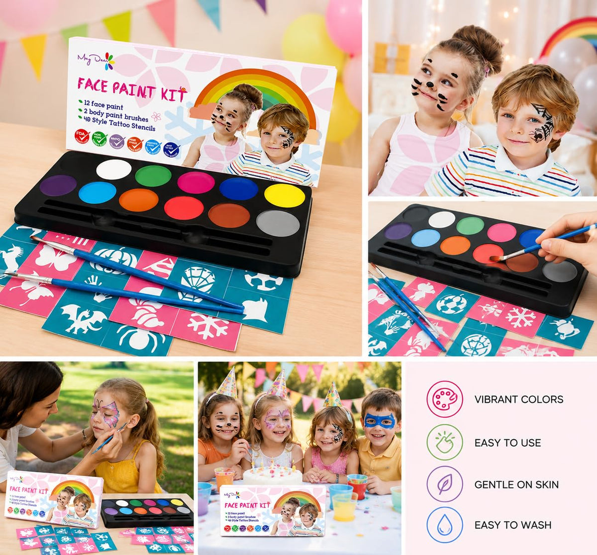 Maydear Water-Based Face Painting Kit for Kids, 12 Colors, Matte