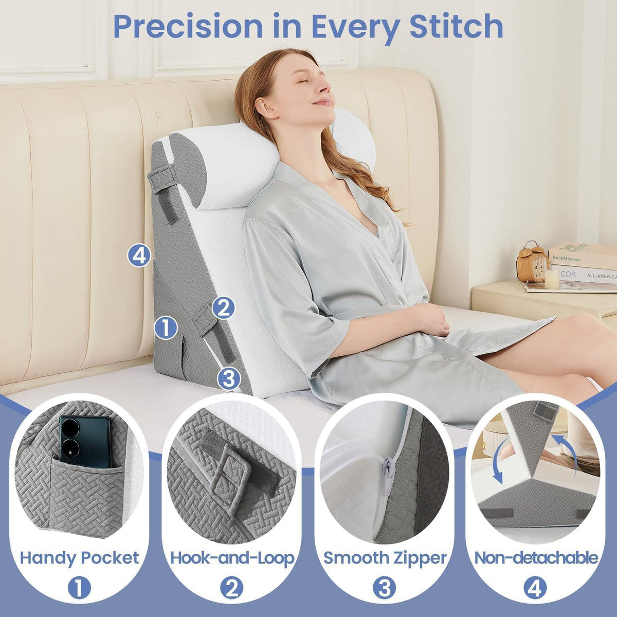 Sasttie Adjustable Wedge Pillows with Bolster, 2PCS, White/Dark Grey