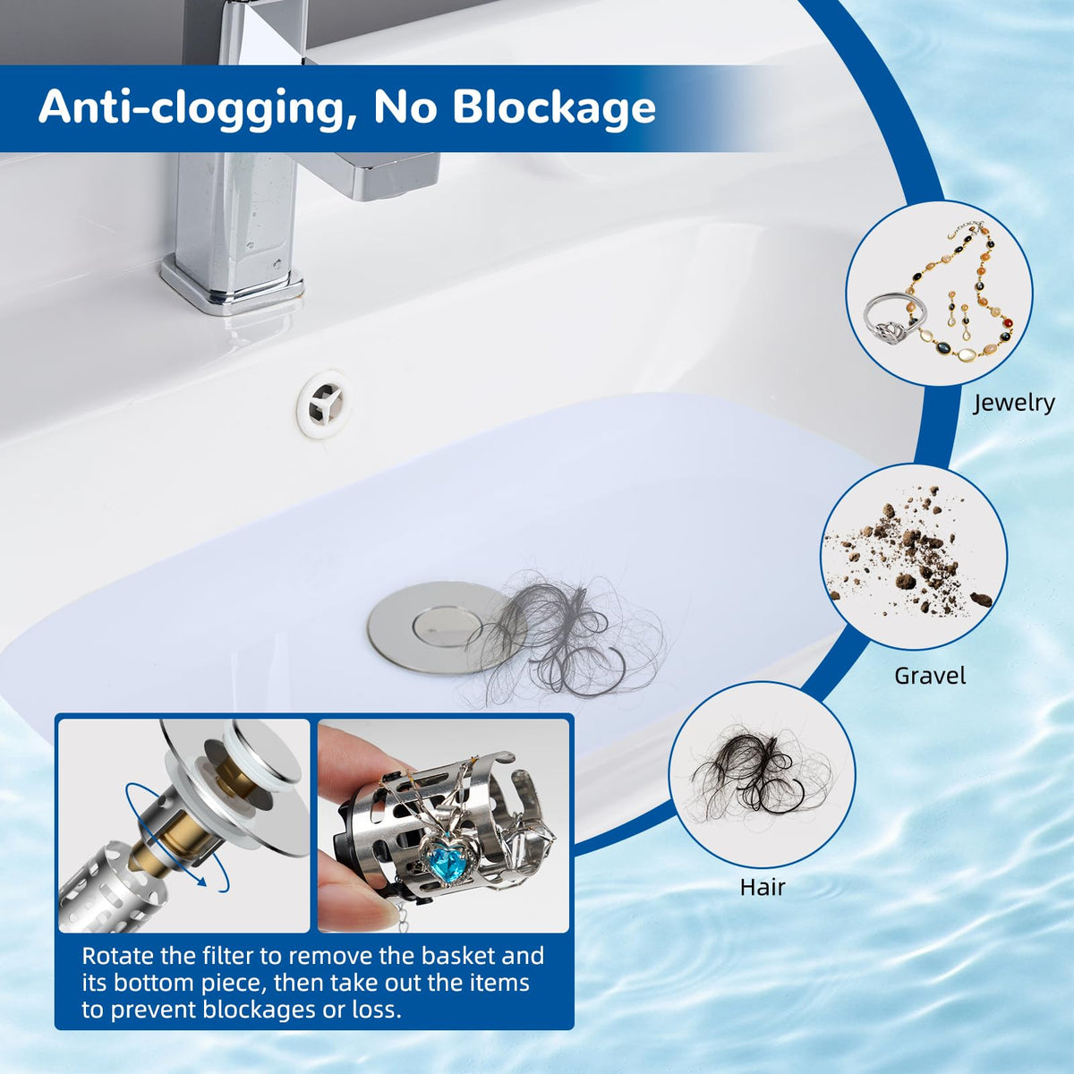 Hibbent Upgraded 3 in 1 Bathroom Sink Drain Strainer, Chrome