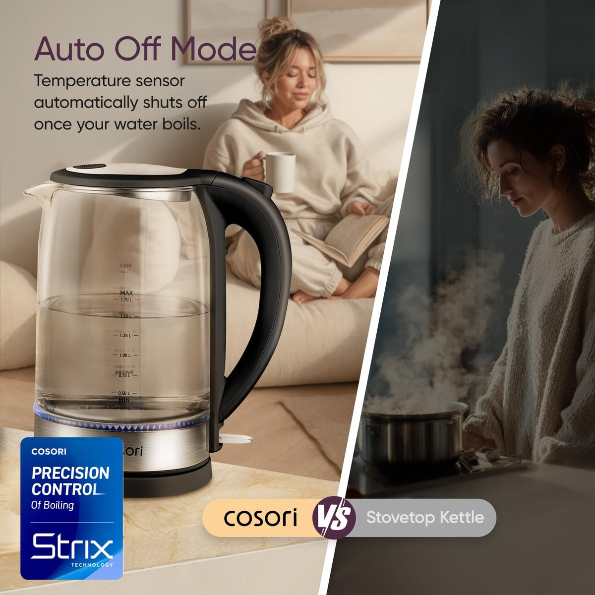 Cosori Glass Electric Kettle, 1.7 L, 1500 W, Black