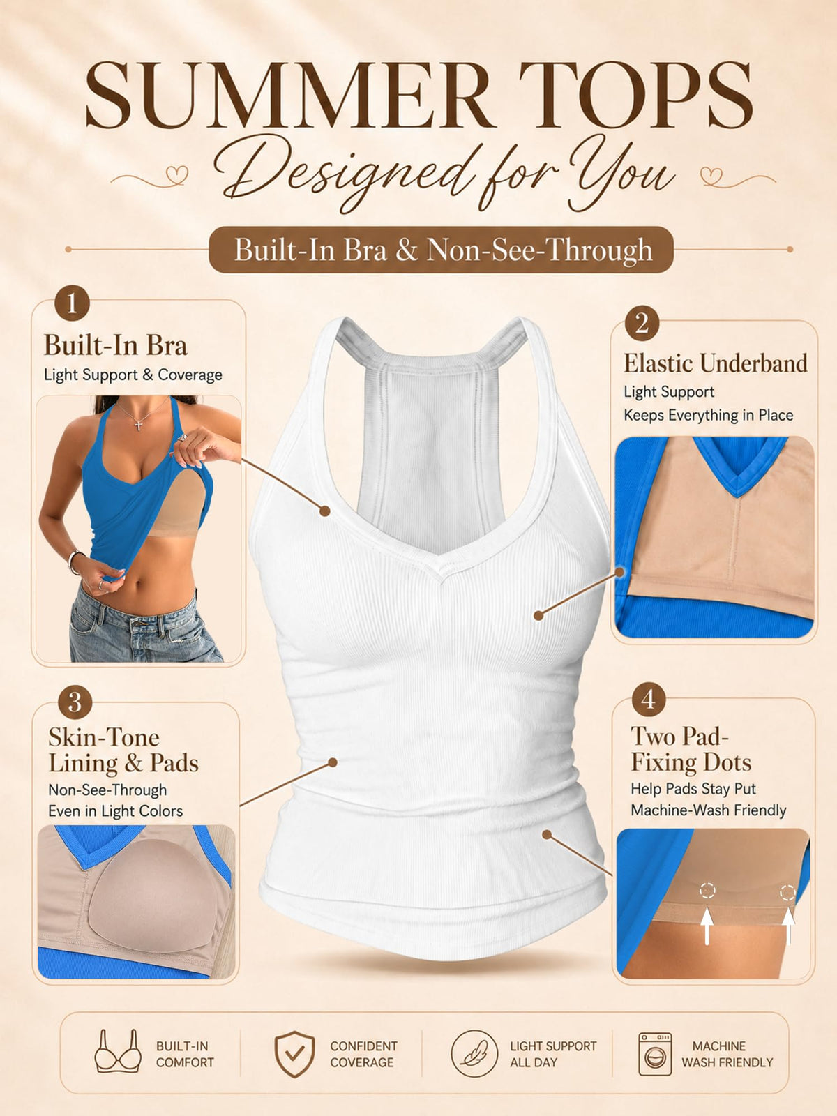 Danysu V-Neck Cotton Tank Top with Built-In Shelf Bra, White, L