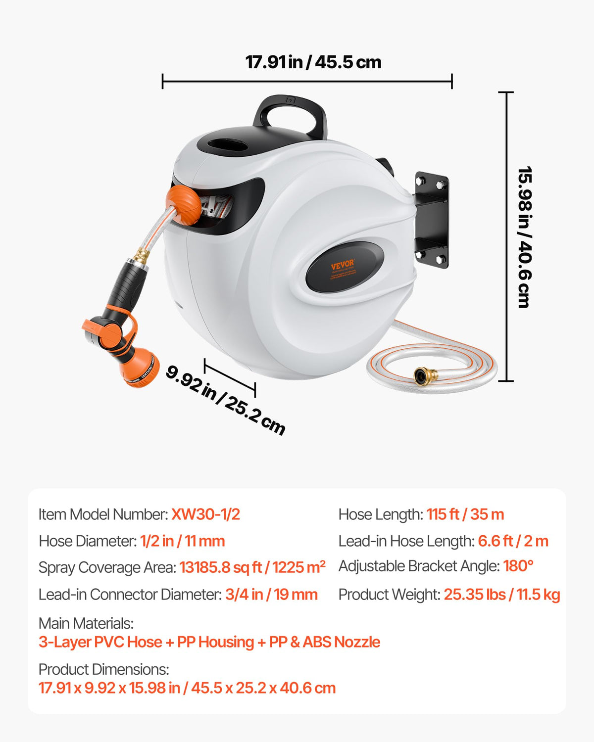 VEVOR Retractable Wall Mounted Garden Hose Reel, 115 ft x 1/2 Inch