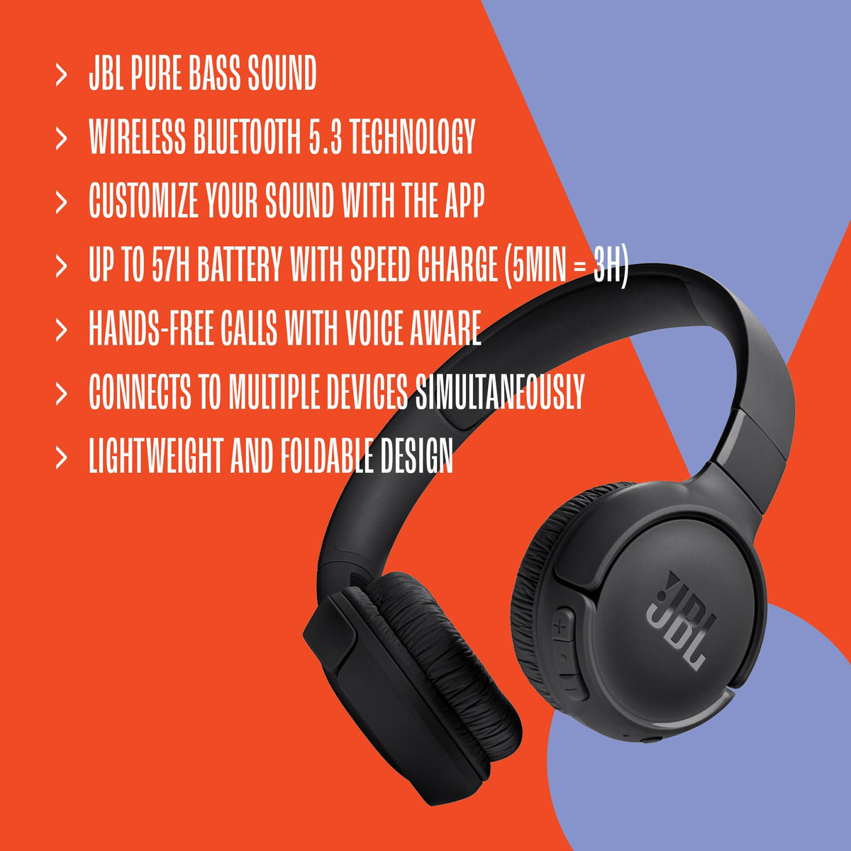 JBL Tune 520BT Wireless On-Ear Headphones, Black