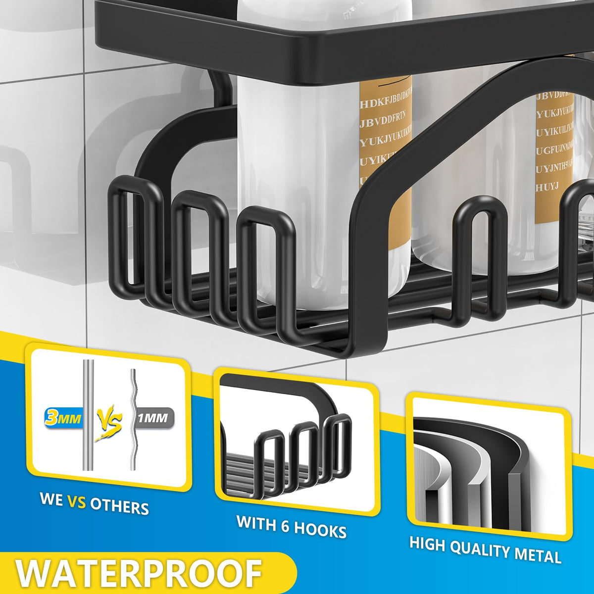 Coraje Adhesive Stainless Steel Shower Caddy Shelves, Black (5 Pack)