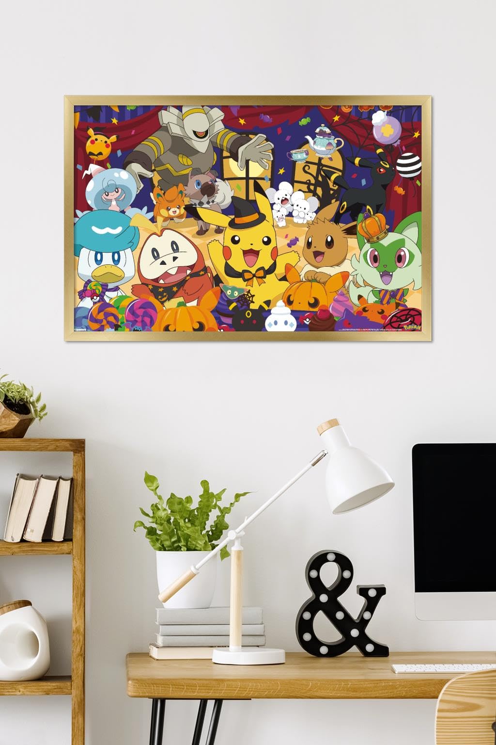 Pokémon Halloween Party Wall Poster, 34" x 22.4", Gold Framed