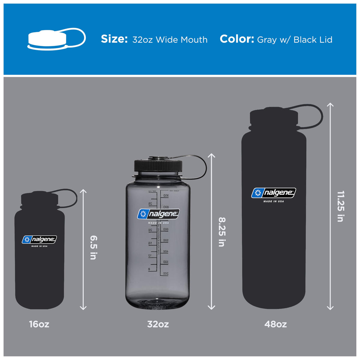 Nalgene Wide Mouth Water Bottle, 32 oz, Gray with Black
