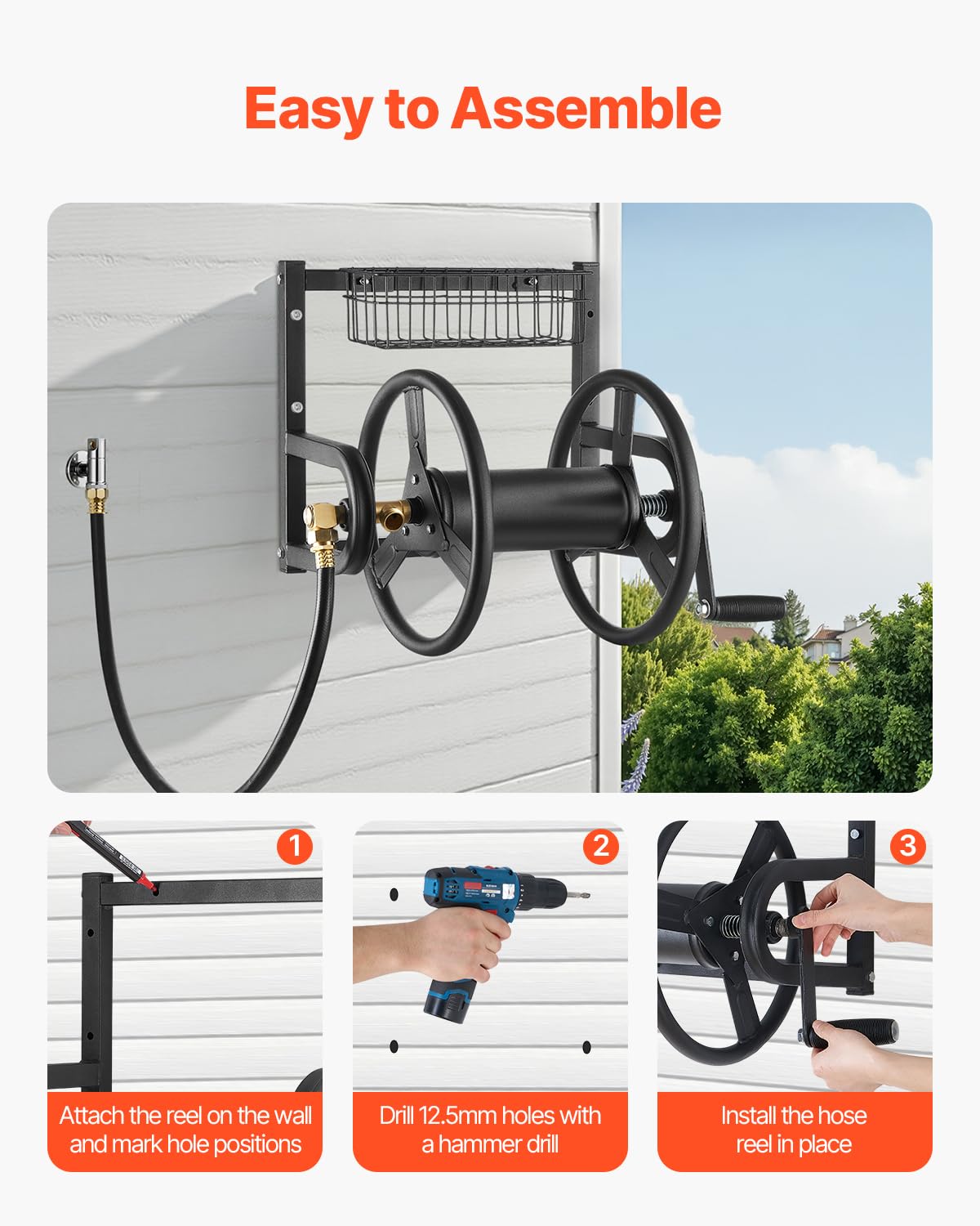 VEVOR Wall Mounted Garden Hose Reel, 125 ft x 5/8-Inch Hose