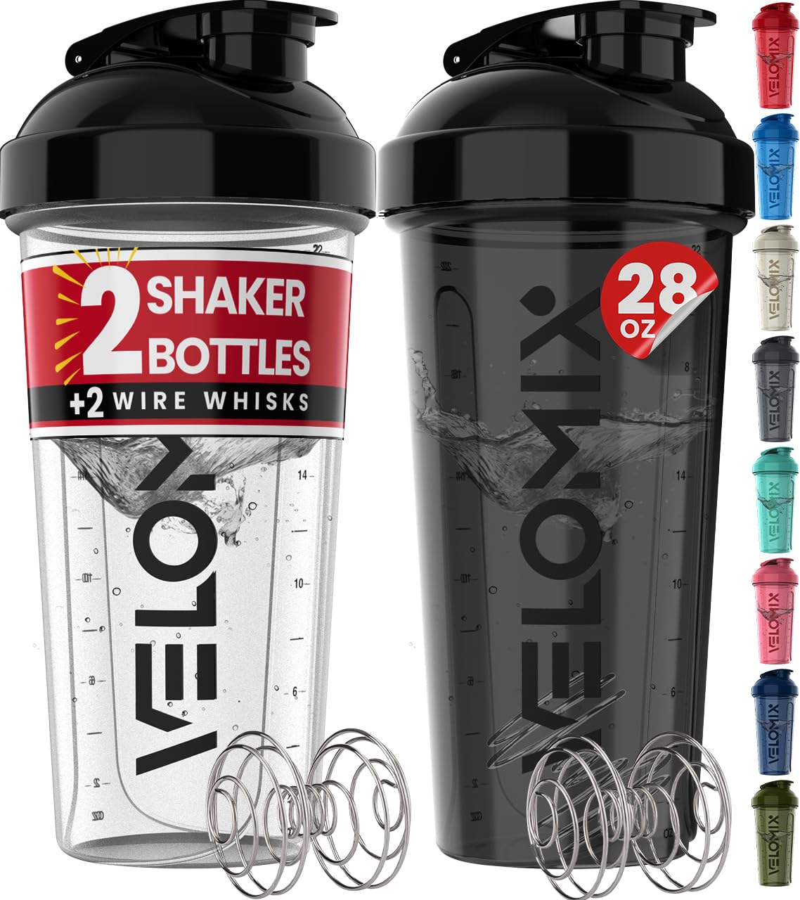 VELOMIX Protein Shaker Bottles with Wire Whisk, 28 oz (2 Pack)