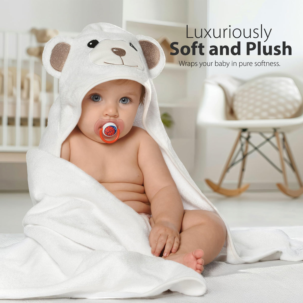 MINIBOO Organic Bamboo Hooded Baby Towel, 90 x 90 cm, White Bear